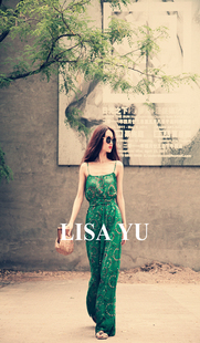  LISA YU 原创复古欧美大牌 雪纺裤裙印花超长连衣裤裙吊带裙雪纺
