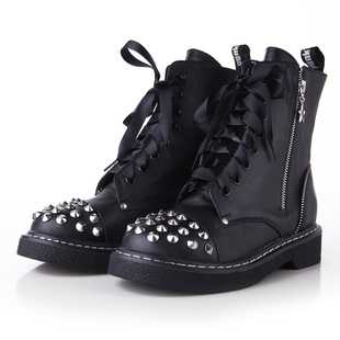  punkdandy新款女鞋 平跟系带铆钉马丁靴 女 真皮朋克  短靴
