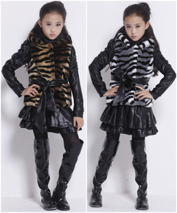  冬新年装童套装 女童韩版高档时尚皮草三件套 中童加绒皮裙套装