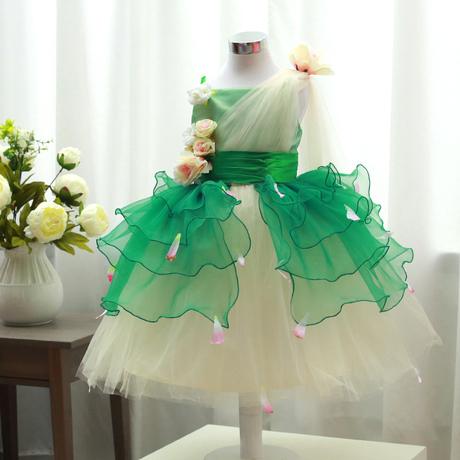六一儿童舞蹈服\/演出服 绿色手工花朵公主裙女