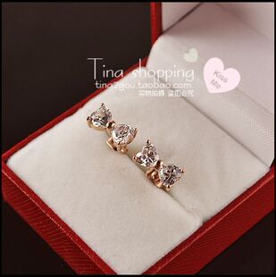  韩版饰品可爱心形钻石蝴蝶结钛钢耳钉 镀18K玫瑰金彩金耳钉耳坠女