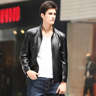  七天无理由退换货 海宁真皮皮衣 男式皮夹克小立领修身皮外套