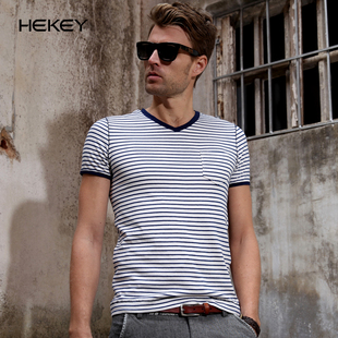 黑骑2014夏装新款 韩版细条纹 男士短袖V领t恤
