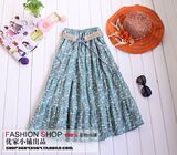 1547*特 清新夏日 棉麻质 2WAY 水蓝色夏日款碎花长裙（送腰带）