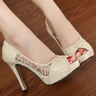  新款热卖 欧美性感女人蕾丝鱼嘴高跟鞋女 婚鞋 透气镂空女鞋