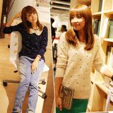 2012春装新款韩版女装百搭长袖圆领亮片金领针织衫毛衣打底衫