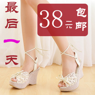 睿媚娇2012春夏松糕凉鞋清仓淑女蕾丝蝴蝶结高跟坡跟凉鞋女鞋子L1