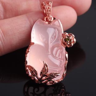  正品精美天然水晶冰种粉晶狐狸吊坠项坠项链玫瑰金镶嵌桃花