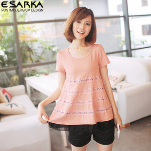  梵纳夕 夏装新款圆领蕾丝拼接短袖t恤 女 镂空雪纺边时尚潮