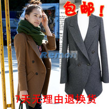 包邮！修身毛呢西装双排长款休闲西服外套韩版气质白搭女装6110