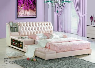 品牌真皮床现代粉色双人皮艺软床1米5简约实木，欧式榻榻米飘窗储物