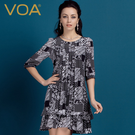 VOA 真丝双绉连衣裙 圆领中袖桑蚕丝娃娃裙丝绸双层蛋糕短裙A0317商品大图