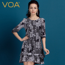VOA 真丝双绉连衣裙 圆领中袖桑蚕丝娃娃裙丝绸双层蛋糕短裙A0317图片
