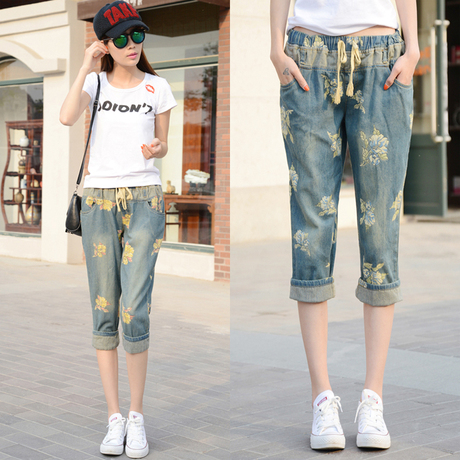 女士印花牛仔哈伦七分裤<em>绣花女</em>显瘦中学生<em>休闲</em>