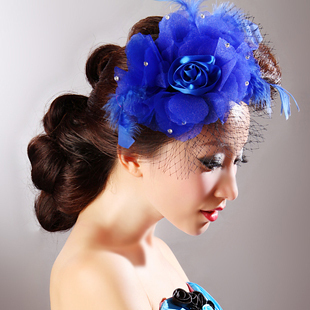  千色新娘 252蓝/红色玫瑰纱翼羽毛网花朵头花 韩式结婚头饰发饰品