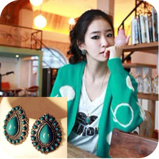  满35包邮 OE0309 复古气质绿松石水滴宝石 耳钉 女13g