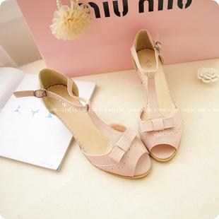  蝴蝶结雕花 压花皮 清新T字带 中跟粗跟 鱼嘴鞋 凉鞋 659