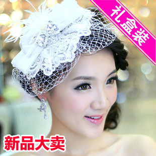  白色娇艳 韩式羽毛蕾丝新娘头花礼帽水钻结婚发饰礼服婚纱配饰品