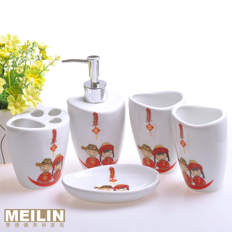 卫浴套装/陶瓷卫浴五件套/牙刷架/两个漱口杯 结婚礼物 百年好合