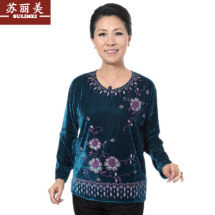 新款中老年秋冬装女装大码宽松打底衫丝绒衣妈妈装中年人长袖T恤