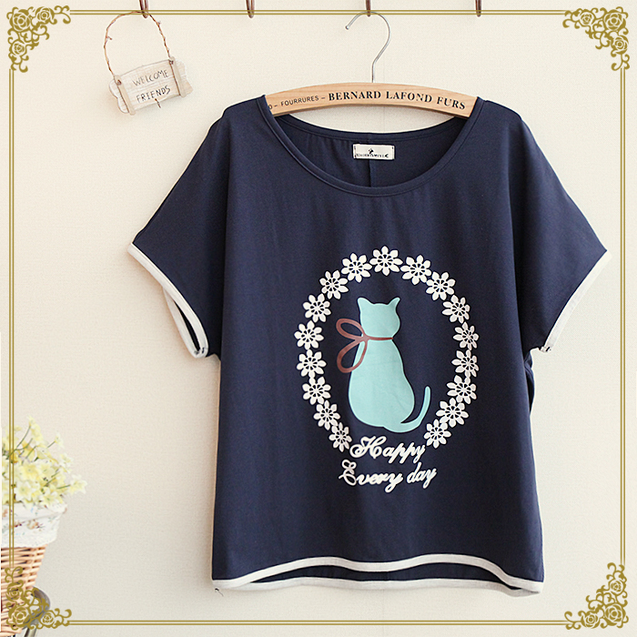 日系森女系 14年夏季 新款女装 小猫印花 薄款宽松蝙蝠袖 短袖T恤