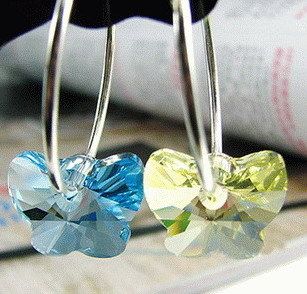 [正品]施华洛世奇6754蝴蝶水晶耳圈18mm--湖蓝+浅黄（大号）