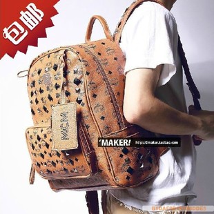  包邮 mcm 韩国允浩SJ魏晨同款后背包 二代牛皮质感铆钉双肩包
