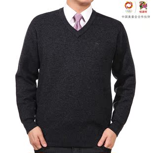  恒源祥男士羊毛衫 专柜正品 中老年商务休闲纯色V领毛衣男FH00397
