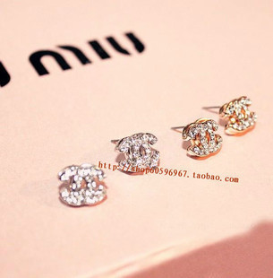  欧美饰品小香 logo耳钉 双C 钻石耳钉 镶满钻碎钻耳钉 双c耳环 女