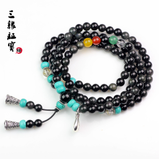  开光天然黑曜石108颗佛珠 水晶手链 五行配发晶 男女开运辟邪礼物