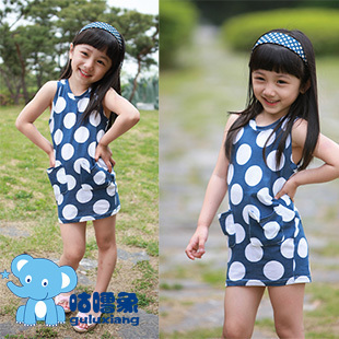  童装女童宝宝儿童新款夏季夏装圆点纯棉无袖弹力超短连衣裙子