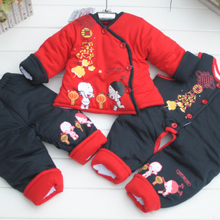  加厚保暖宝宝棉衣套装 婴儿新年唐装三件套