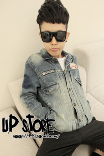  潮爆款 秋冬型男必备徽章牛仔修身夹克 男式韩版休闲夹克 外套