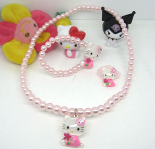  HELLO KITTY 卡通儿童珍珠项链 戒指手链项链三件套 双梅花钻粉