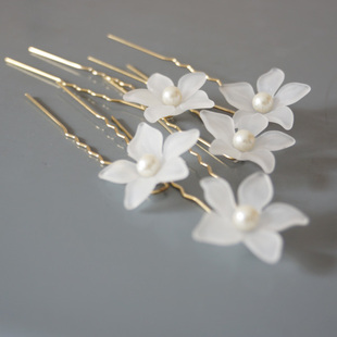  质感磨沙小花珍珠发插 新娘发饰配件 结婚饰品 U型夹盘发必备头饰