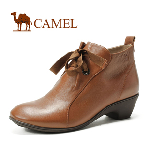  camel 骆驼真皮女靴子 系带魅力 正品新款 女鞋 短靴 真皮坡跟
