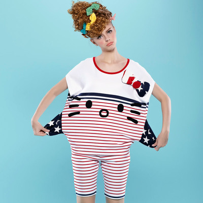 睡衣新款可爱条纹kitty 猫睡衣莫代尔睡裙夏天女短袖裤家居服套装