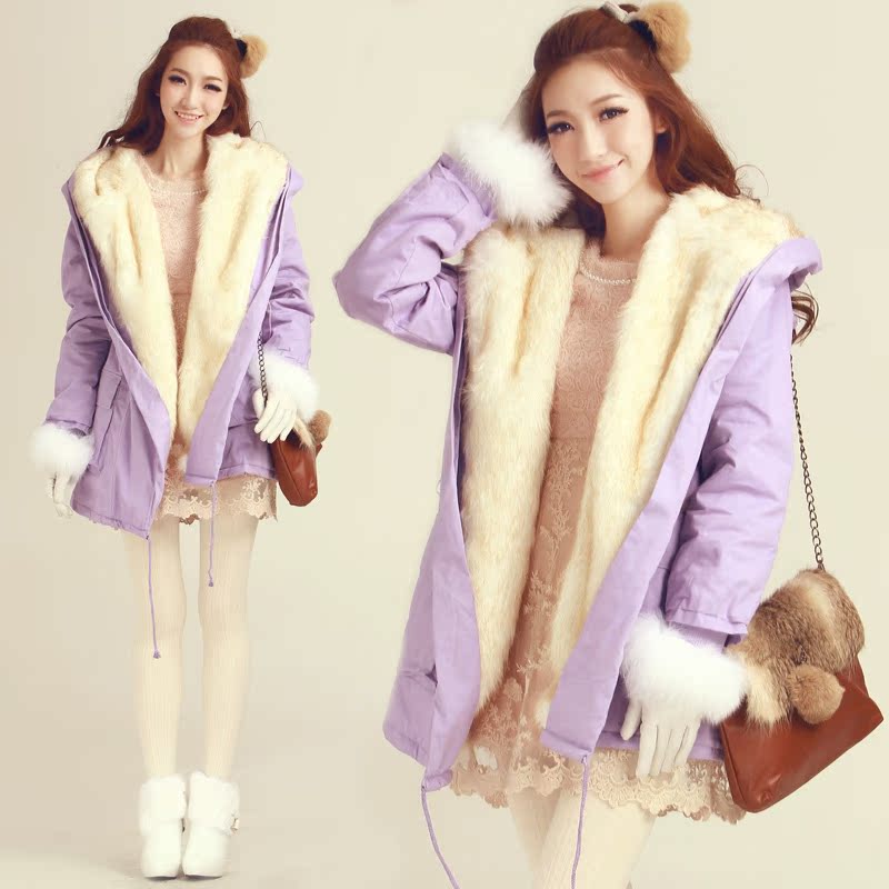 紫色大毛毛领棉服外套保暖加厚...