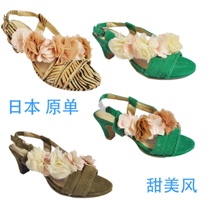  女鞋夏季新款花朵凉鞋甜美淑女女鞋百搭中跟花朵凉鞋日韩风