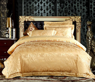 全棉欧式贡缎结婚床上用品220*240被套，床单四件套纯棉金色