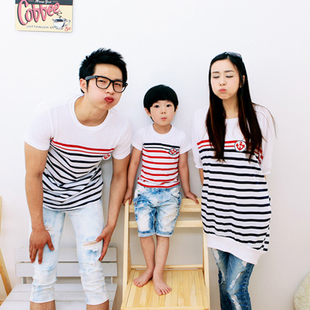  韩国亲子装 新款 夏装 全家装 时尚条纹短袖 母子装 父女装
