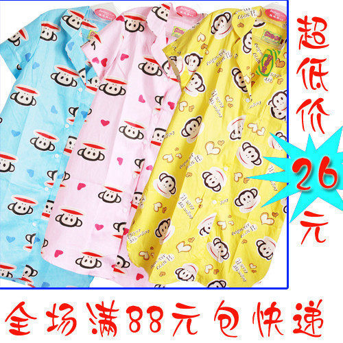 衬衫版睡衣 大嘴猴睡裙黄色短袖夏款家居服 卡通可爱 全棉布 女