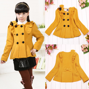  韩时尚春新款女童装韩版羊毛夹棉呢大衣中大儿童风衣外套包邮