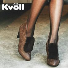 韩国kvoll正品特价款时尚兔毛车缝线粗跟单鞋D58174棕色
