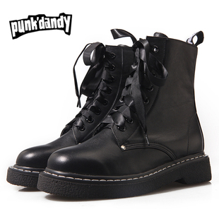  punkdandy新款女靴子 马丁靴  女 真皮 平跟系带 短靴  女鞋