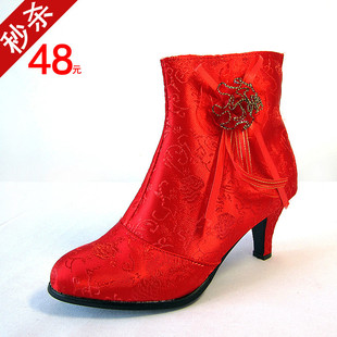 2012冬季缎面红色高跟新娘靴子短靴结婚红鞋