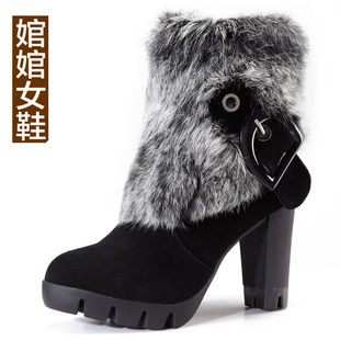  新款欧美粗跟雪地靴子女短靴秋冬季女鞋高跟真皮兔毛裸靴