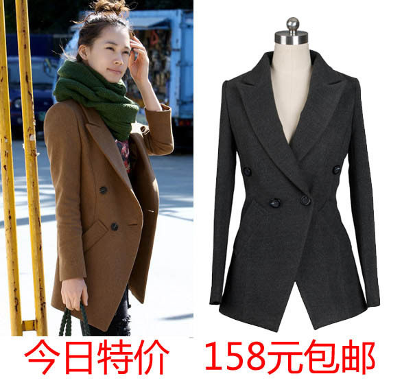 2011秋冬新款女装驼色修身双排扣羊毛呢外套大衣女士长款小西装