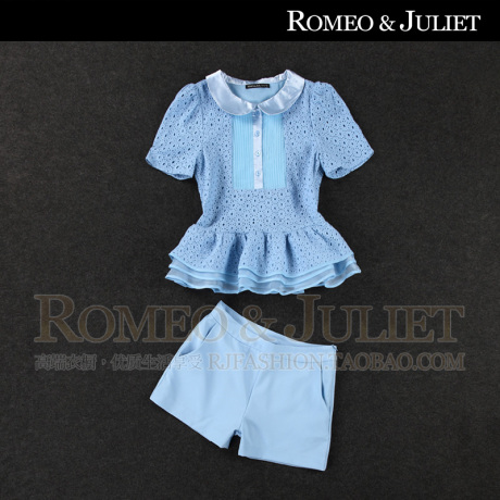 【罗家精品】2014夏装女装新款 娃娃领蕾丝裙摆短袖上衣+短裤套装