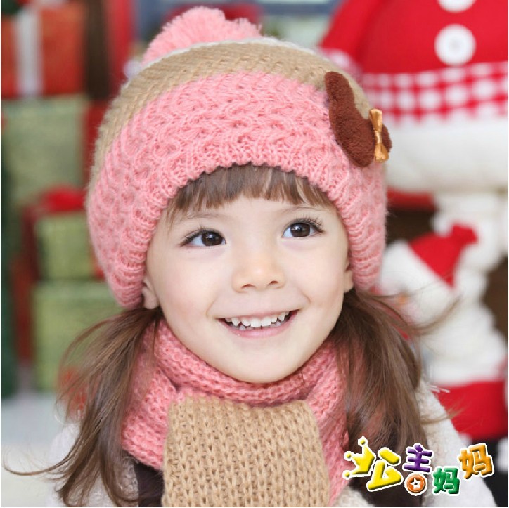韩版儿童彩色贝雷毛线帽围巾两件套